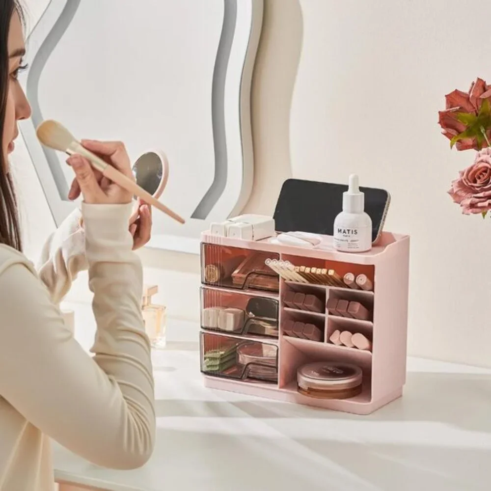 New Pink Makeup Organizer, 3-Drawer Vanity & Skincare Storage for Room Counter